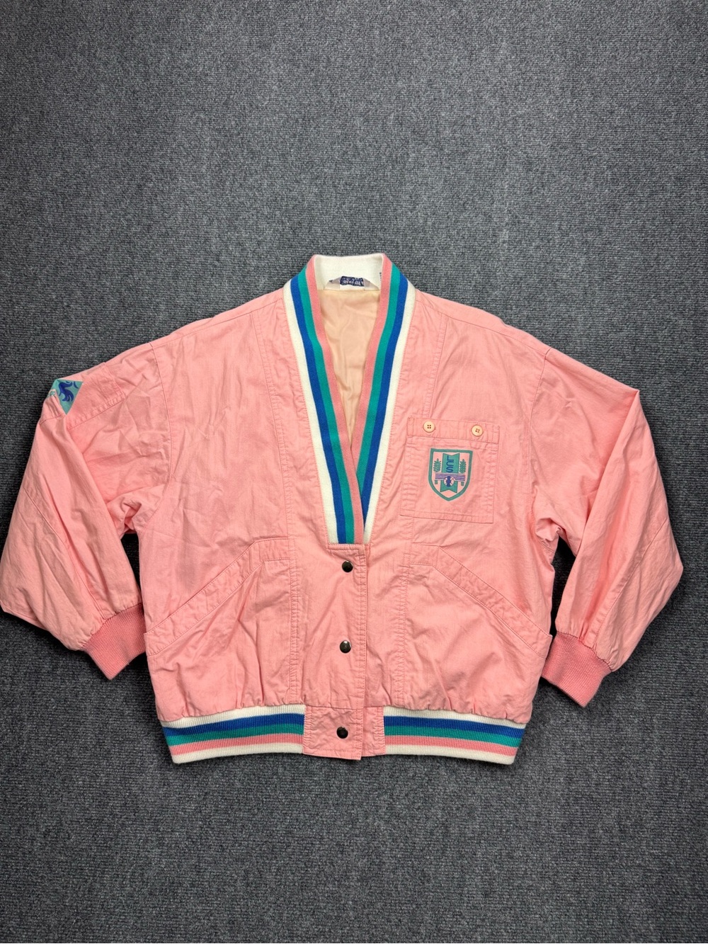 Le Coq Sportif Bomber Jacket Pink Vintage Cotton Striped Trim Patch Size Large